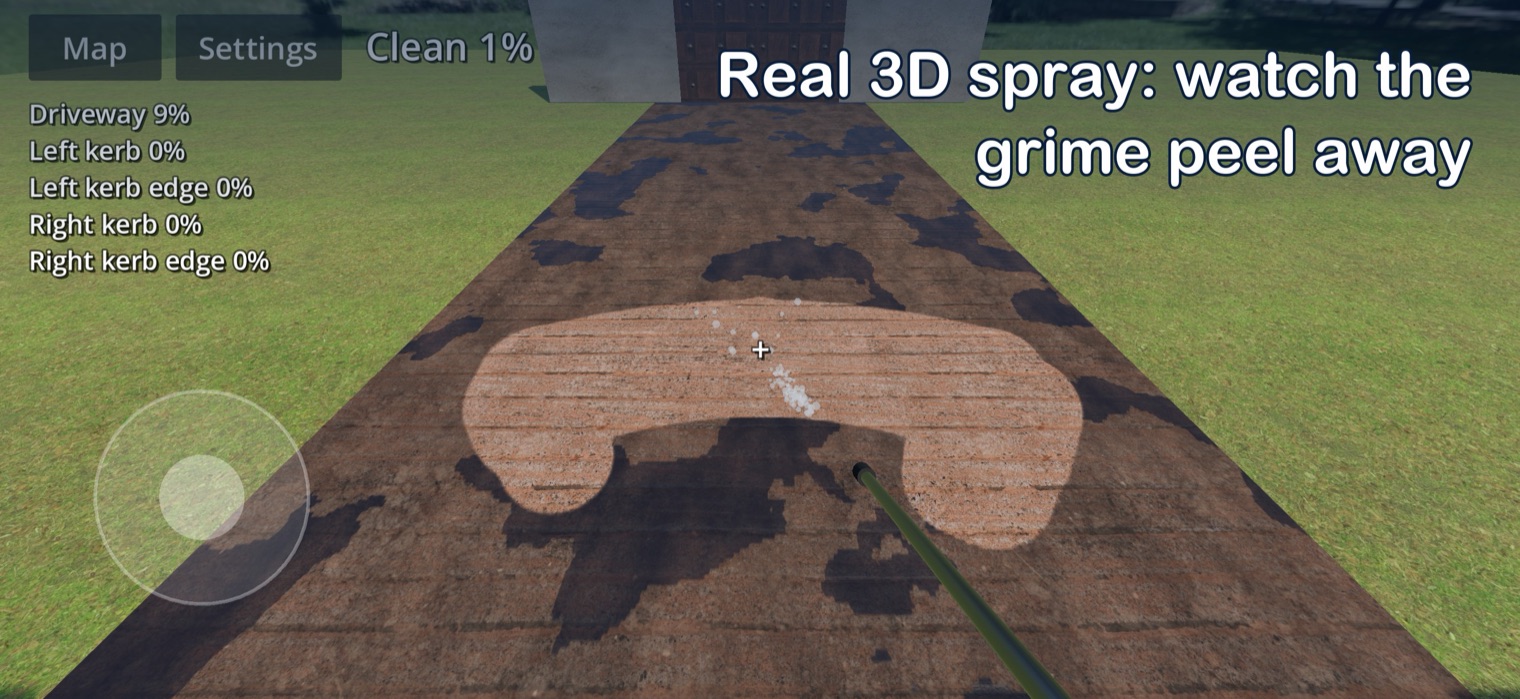 A muddy driveway half washed clean, with the spray wand in the corner. Caption: Real 3D spray: watch the grime peel away.